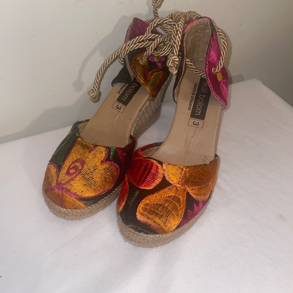 Ikal Bolom Embroidered Floral Espadrille Wedges Rope Lace Up Sandals Womens 3